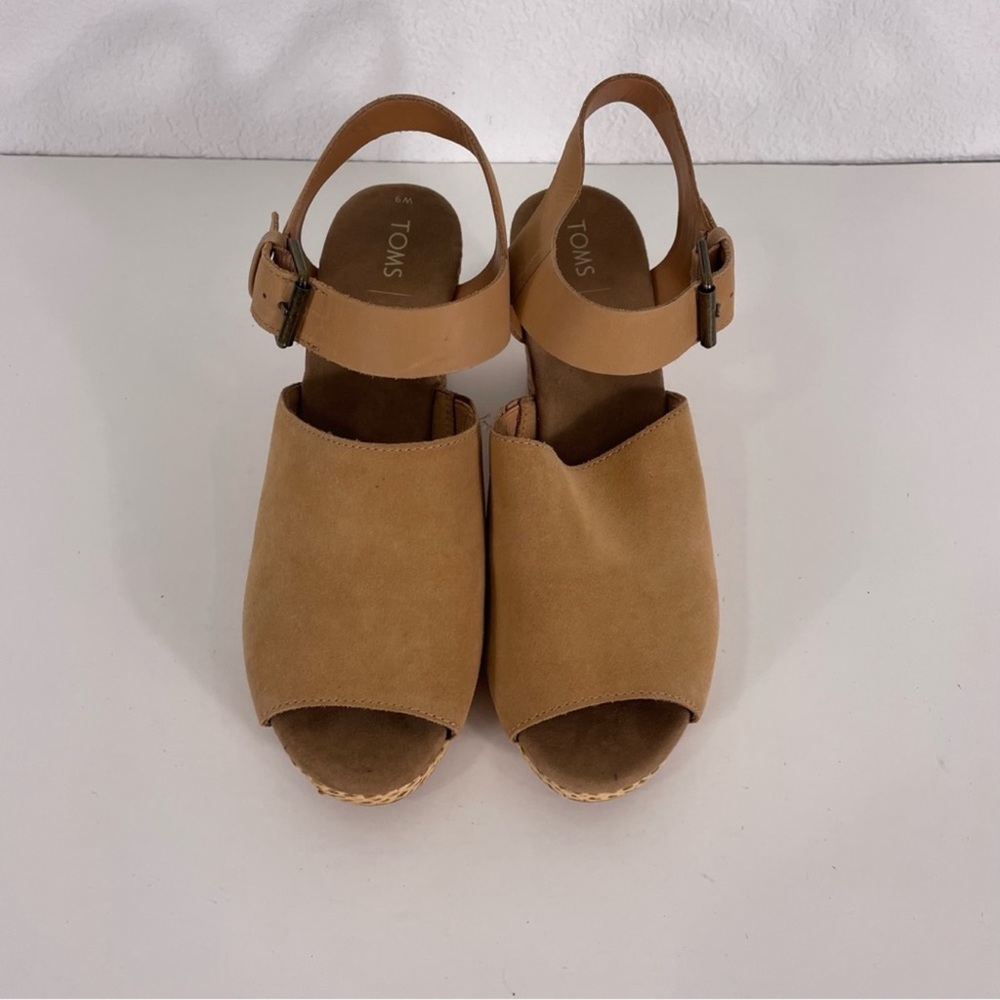 TOMS Tan Suede Open Toe Wedge Heel Sandals